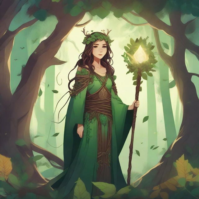 A detailed illustration of a girl druid in a mystical forest