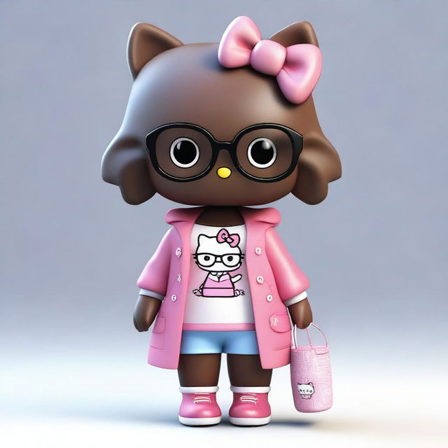 A 3D-rendered dark-skinned Hello Kitty character wearing glasses and layered hair, dressed in oversized clothing