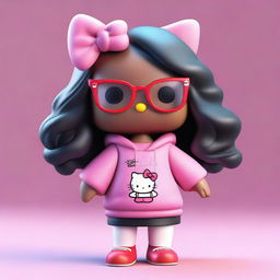 A 3D-rendered dark-skinned Hello Kitty character wearing glasses and layered hair, dressed in oversized clothing