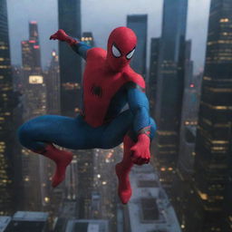 Spider-Man in his iconic red and blue suit, swinging through the skyscrapers in a bustling city at dusk.