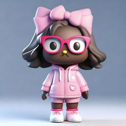 A 3D-rendered dark-skinned Hello Kitty character wearing glasses and layered hair, dressed in oversized clothing