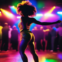 A black American female dancing energetically to the music, as seen from behind on the dance club floor