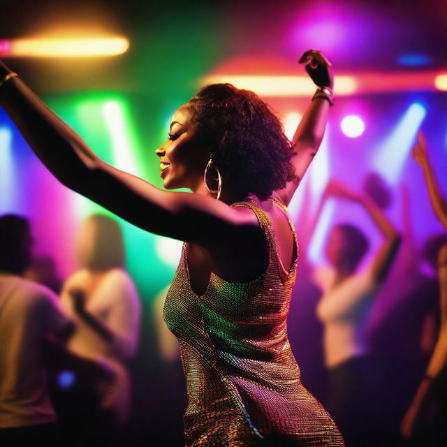 A black American female dancing energetically to the music, as seen from behind on the dance club floor