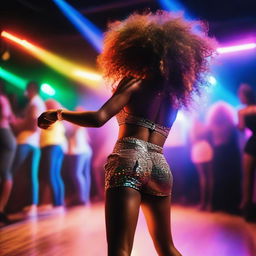 A black American female dancing energetically to the music, as seen from behind on the dance club floor