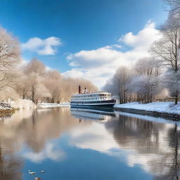 A picturesque scene of a riverboat cruising along a river in France during wintertime