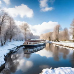 A picturesque scene of a riverboat cruising along a river in France during wintertime