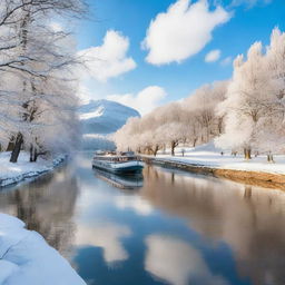 A picturesque scene of a riverboat cruising along a river in France during wintertime