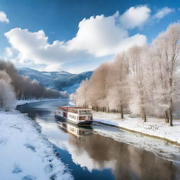 A picturesque scene of a riverboat cruising along a river in France during wintertime