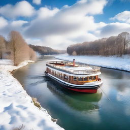 A close-up view of a riverboat in France during wintertime