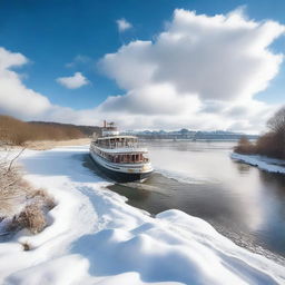 A close-up view of a riverboat in France during wintertime