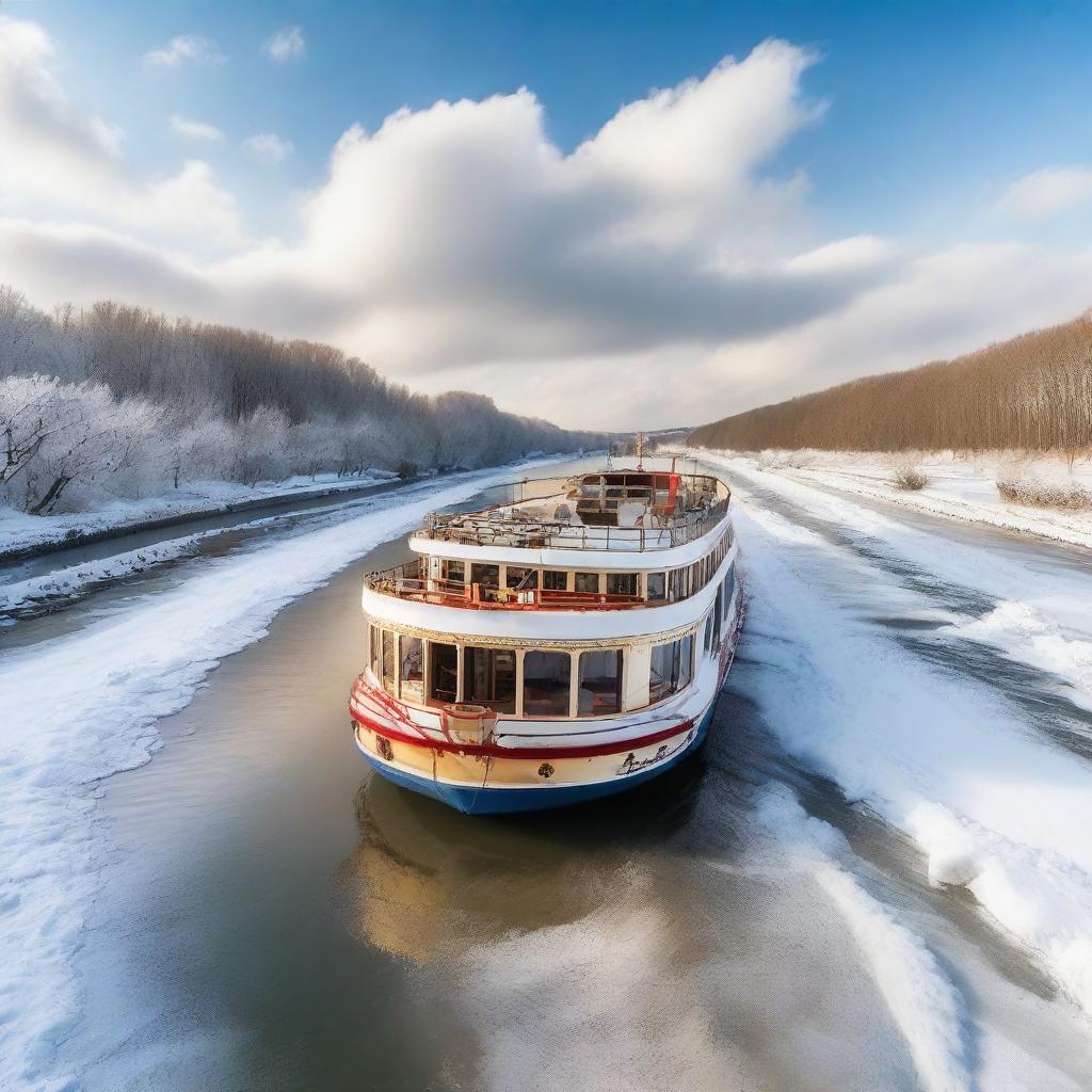 A close-up view of a riverboat in France during wintertime