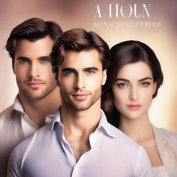 A romance book cover featuring a handsome man in the foreground, with two beautiful women standing behind him