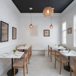 Design a themed restaurant with white-painted walls.