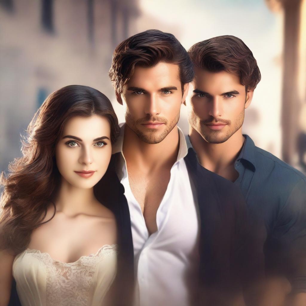 A romance book cover featuring a handsome man in the foreground, with two beautiful women standing behind him