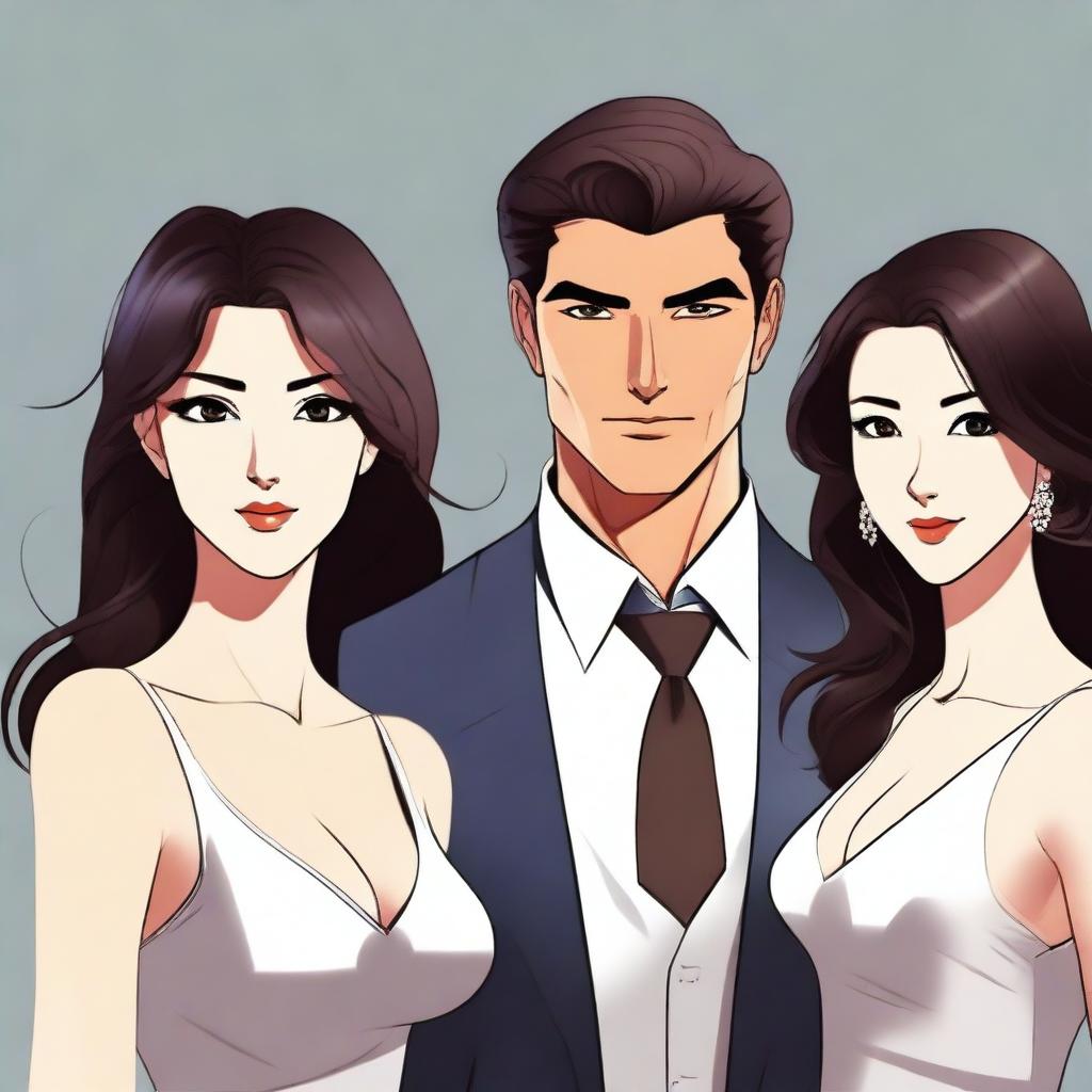 A handsome man standing confidently with two beautiful women behind him