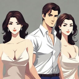 A handsome man standing confidently with two beautiful women behind him