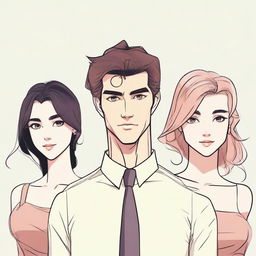 A handsome man standing confidently with two beautiful women behind him