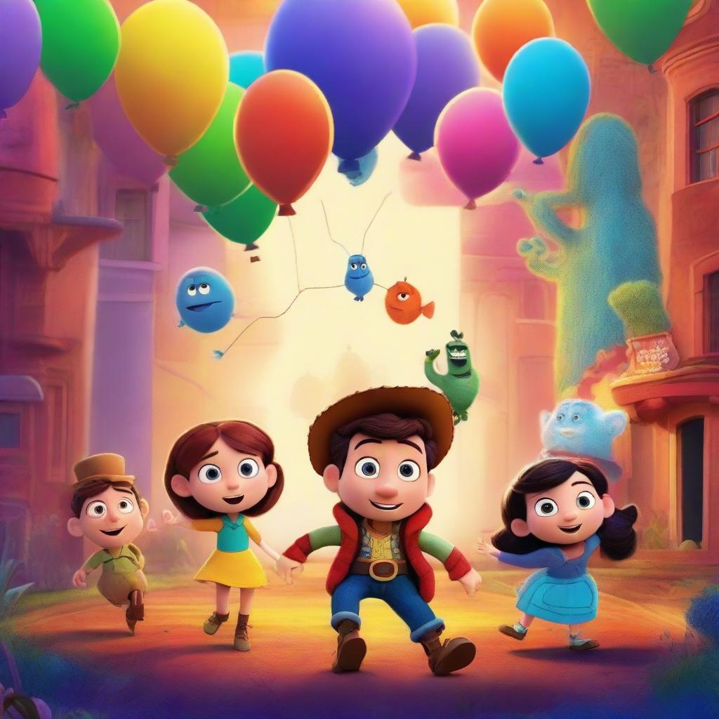 A vibrant and colorful movie poster in the style of Pixar, featuring whimsical characters, a captivating background, and a magical atmosphere