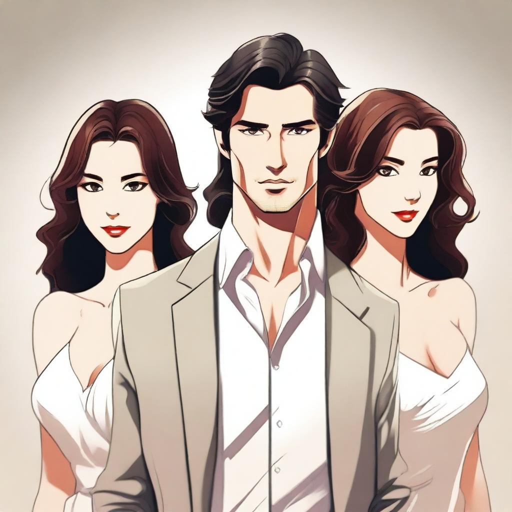 A handsome man standing confidently with two beautiful women behind him