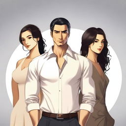 A handsome man standing confidently with two beautiful women behind him