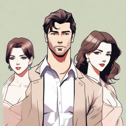 A handsome man standing confidently with two beautiful women behind him