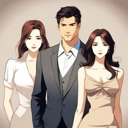 A handsome man standing confidently with two beautiful women behind him