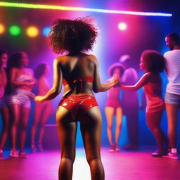 A full-body image of an American Black woman with an hourglass figure, wearing red shorts, dancing to the music in a lively dance club