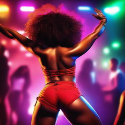 A full-body image of an American Black woman with an hourglass figure, wearing red shorts, dancing to the music in a lively dance club