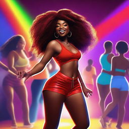 A full-body image of an American Black woman with an hourglass figure, wearing red shorts, dancing to the music in a lively dance club