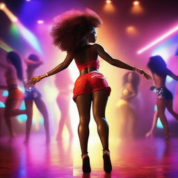 A full-body image of an American Black woman with an hourglass figure, wearing red shorts, dancing to the music in a lively dance club