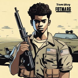 Create an image of a black teenage boy with curly fades, part black and part blonde, wearing a US special forces uniform with 'TOMMY BOY' written on it