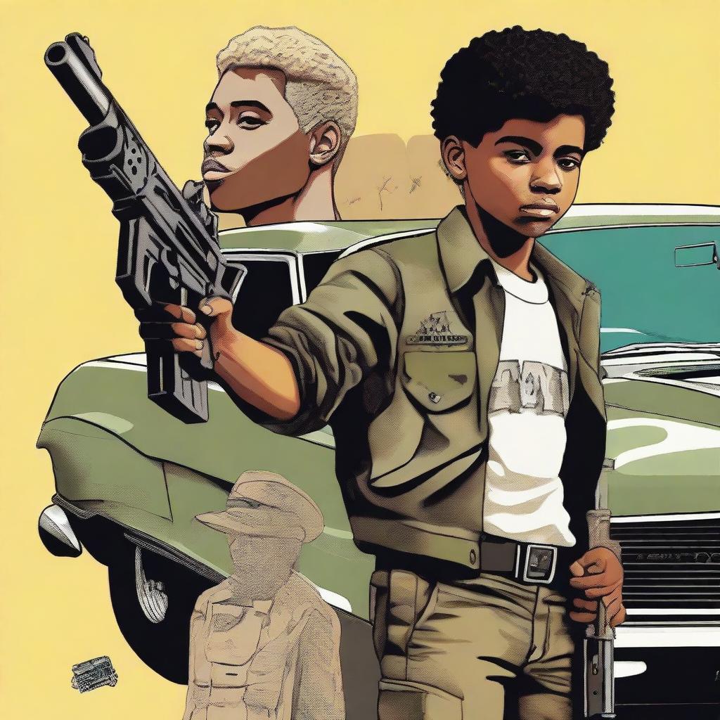 Create an image of a black teenage boy with curly fades, part black and part blonde, wearing a US special forces uniform with 'TOMMY BOY' written on it