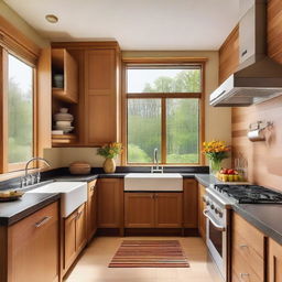 A cozy and well-organized kitchen with modern appliances, wooden cabinets, and a large window letting in natural light