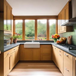 A cozy and well-organized kitchen with modern appliances, wooden cabinets, and a large window letting in natural light