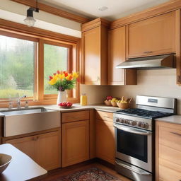 A cozy and well-organized kitchen with modern appliances, wooden cabinets, and a large window letting in natural light