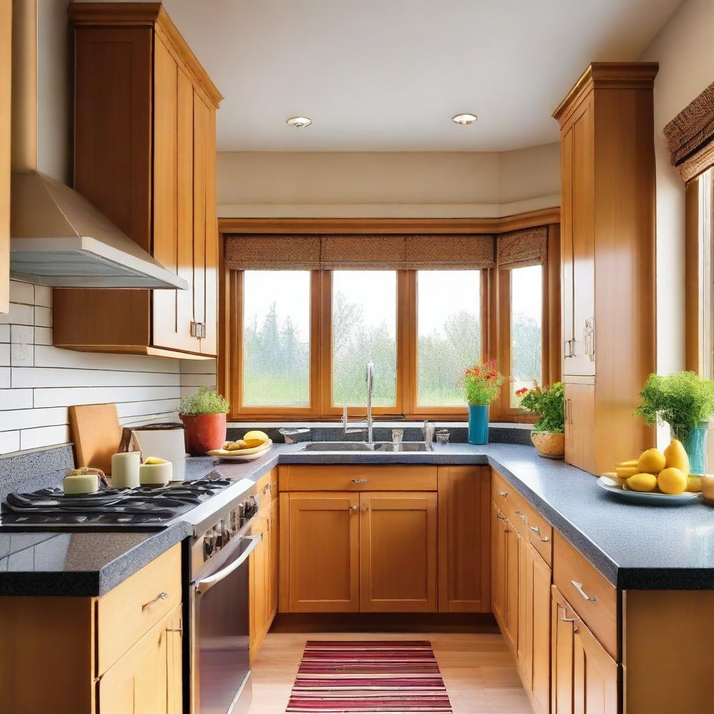 A cozy and well-organized kitchen with modern appliances, wooden cabinets, and a large window letting in natural light