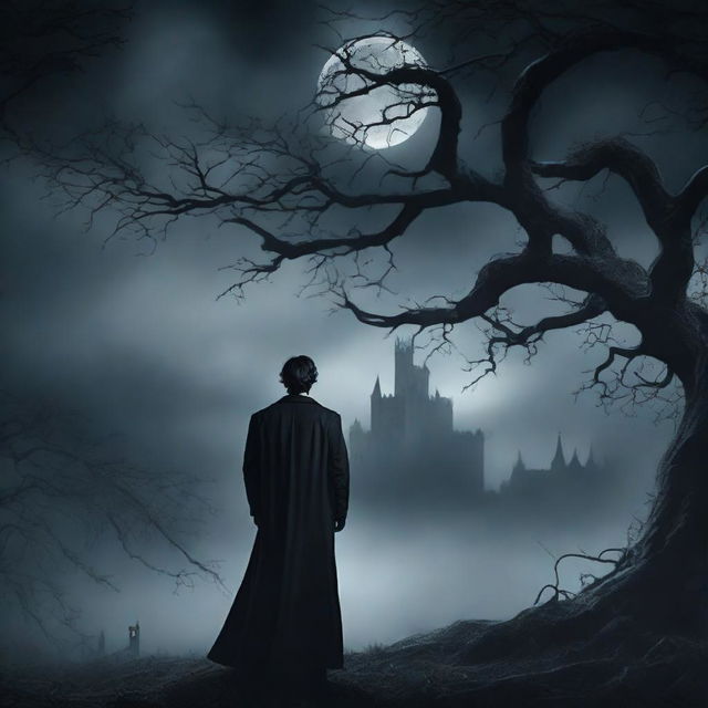 A dark romance book cover featuring a mysterious and brooding figure standing under a moonlit sky