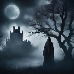 A dark romance book cover featuring a mysterious and brooding figure standing under a moonlit sky