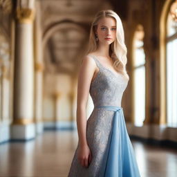 A beautiful young woman with long blond hair and blue eyes, wearing an elegant dress