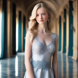 A beautiful young woman with long blond hair and blue eyes, wearing an elegant dress