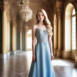 A beautiful young woman with long blond hair and blue eyes, wearing an elegant dress