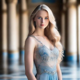 A beautiful young woman with long blond hair and blue eyes, wearing an elegant dress