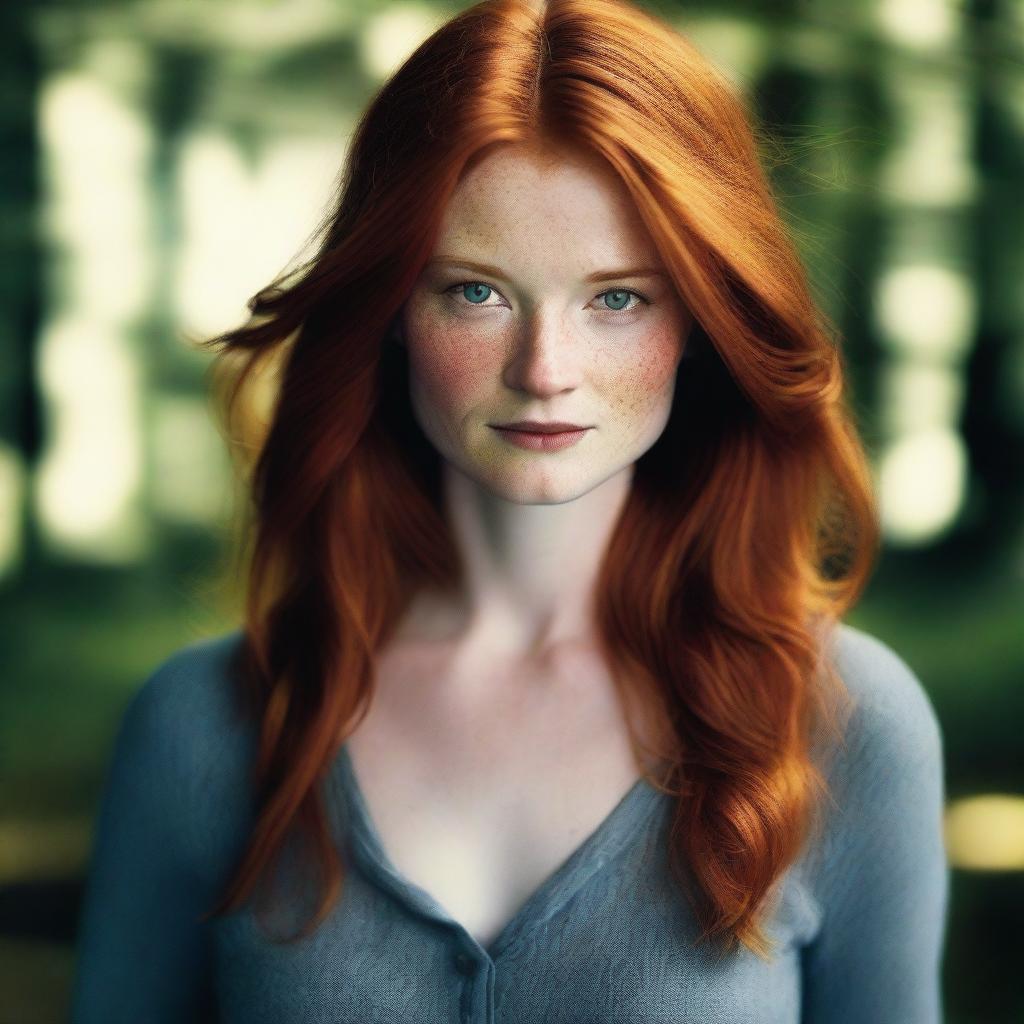 A beautiful young mother with ginger hair and a fierce look, inspired by Bonnie Wright