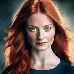 A beautiful young mother with ginger hair and a fierce look, inspired by Bonnie Wright