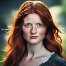 A beautiful young mother with ginger hair and a fierce look, inspired by Bonnie Wright