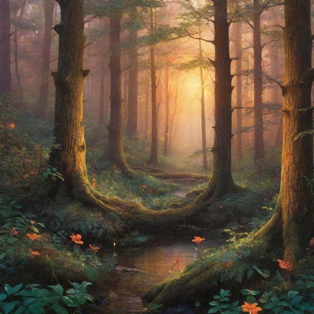 Illustrate an enchanting forest at dusk, teeming with vibrant wildlife and bathed in the ethereal glow of the setting sun.