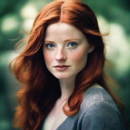 A beautiful young mother with ginger hair and a fierce look, inspired by Bonnie Wright