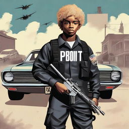 Create an image of a black teenage boy with curly fades, part black and part blonde, wearing a SWAT uniform with 'TOMMY BOY' written on it