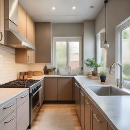 A cozy and modern kitchen with sleek countertops, stainless steel appliances, and warm lighting