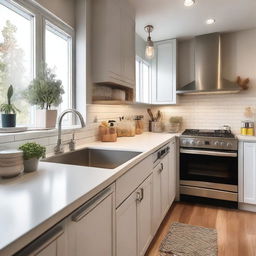 A cozy and modern kitchen with sleek countertops, stainless steel appliances, and warm lighting